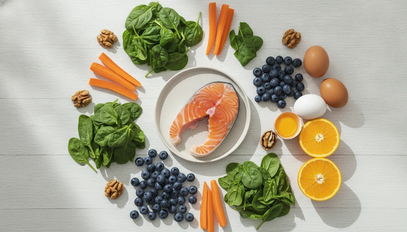 Aliments riches en nutriments pour préserver votre vue : épinards, carottes, saumon et myrtilles