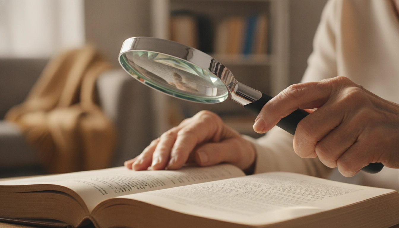 Une personne utilisant une loupe ergonomique pour trouver le bon quel grossissement loupe pour DMLA.