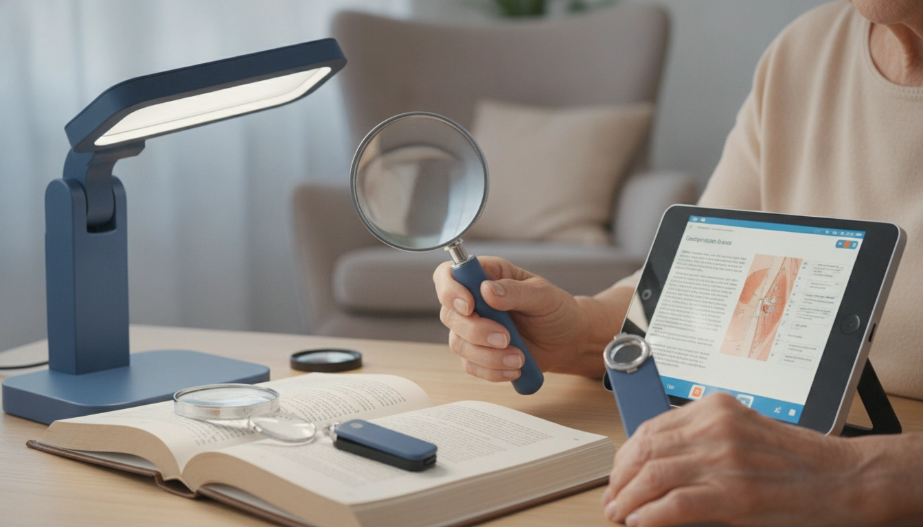 Une personne âgée utilisant une loupe ergonomique pour lire, illustrant la recherche du meilleur quel grossissement loupe pour DMLA.