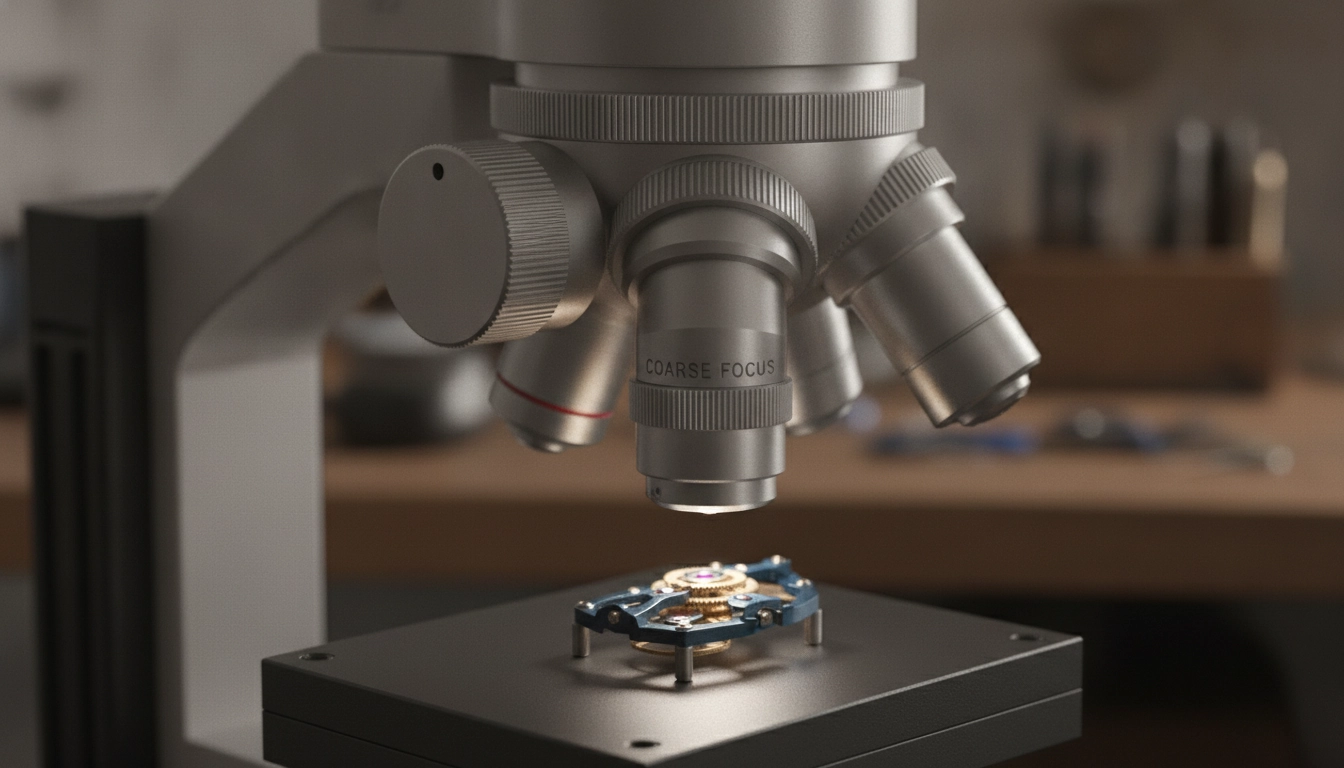 Microscope de précision réglage mise au point horlogerie avec molettes de focus et composant horloger