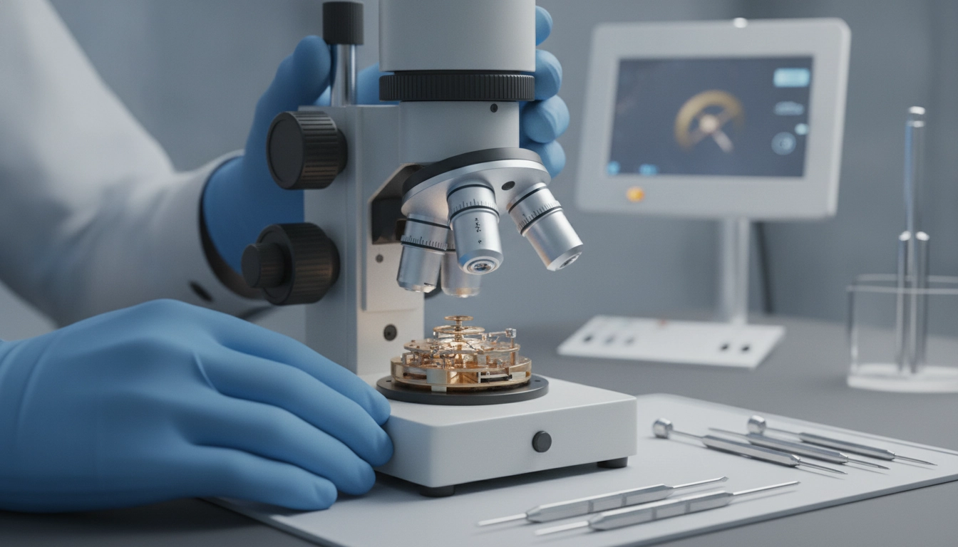 Microscope de précision avec réglage mise au point horlogerie montrant les molettes de mise au point grossière et fine
