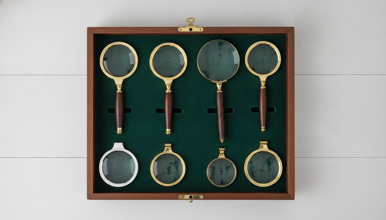 Solutions pour stocker loupe grossissante dans un coffret en bois avec compartiments en velours