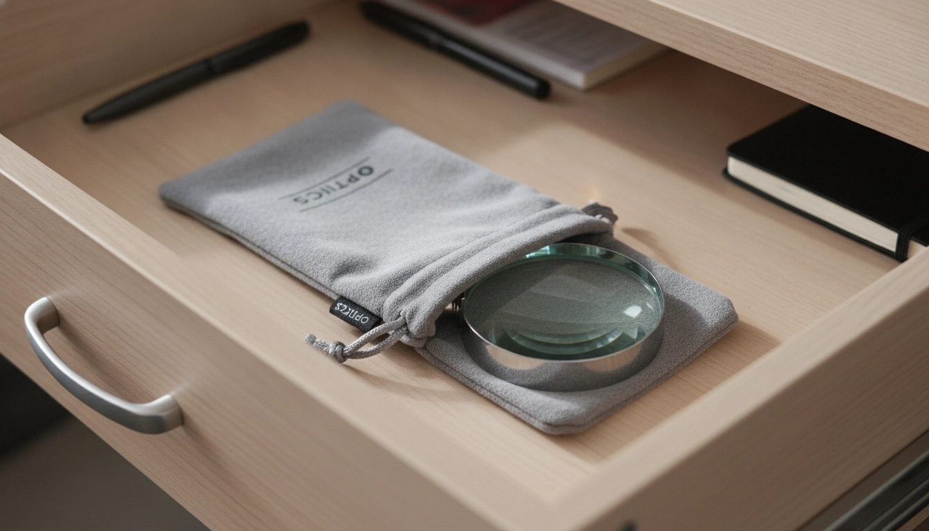 Méthode efficace pour stocker loupe optique dans un tiroir sans rayures avec une pochette en microfibre.
