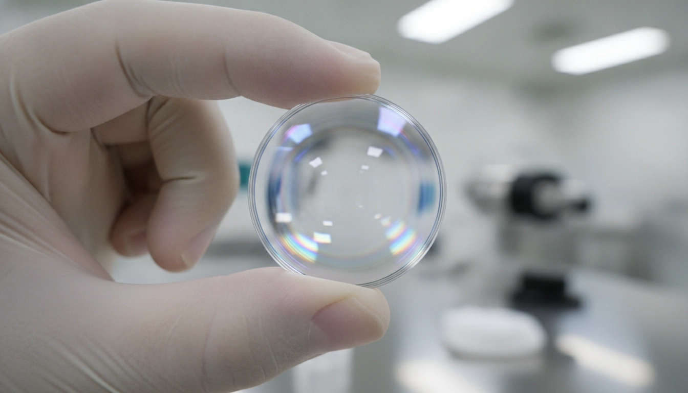Technologie lentille optique moderne avec revêtement antireflet multicouche irisé visible en laboratoire