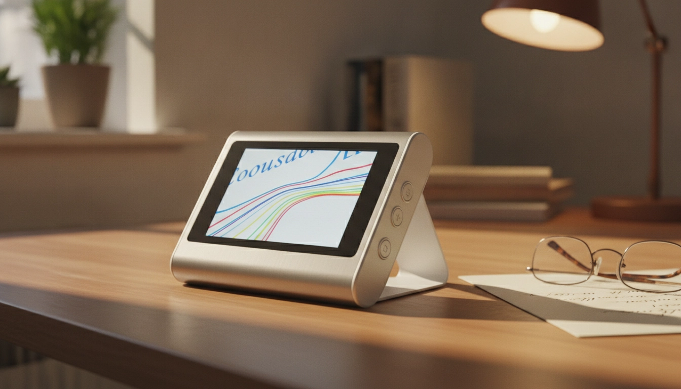Technologies d'assistance vision : loupe électronique sur un bureau affichant un texte agrandi pour personne malvoyante