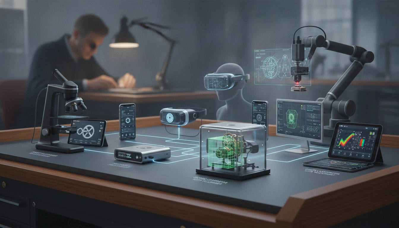 Un horloger utilisant des technologies optiques connectées pour horlogers et artisans de précision sur un mécanisme complexe.