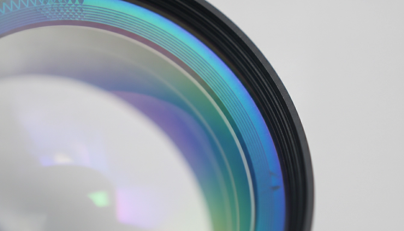 Gros plan sur une lentille optique traitement antireflet nouvelle génération montrant les reflets irisés caractéristiques de la couche multicouche