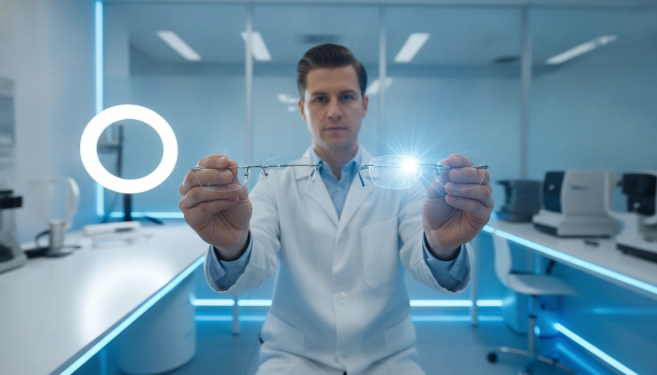 Opticien comparant une lentille optique avec et sans traitement antireflet nouvelle génération sous une source lumineuse intense