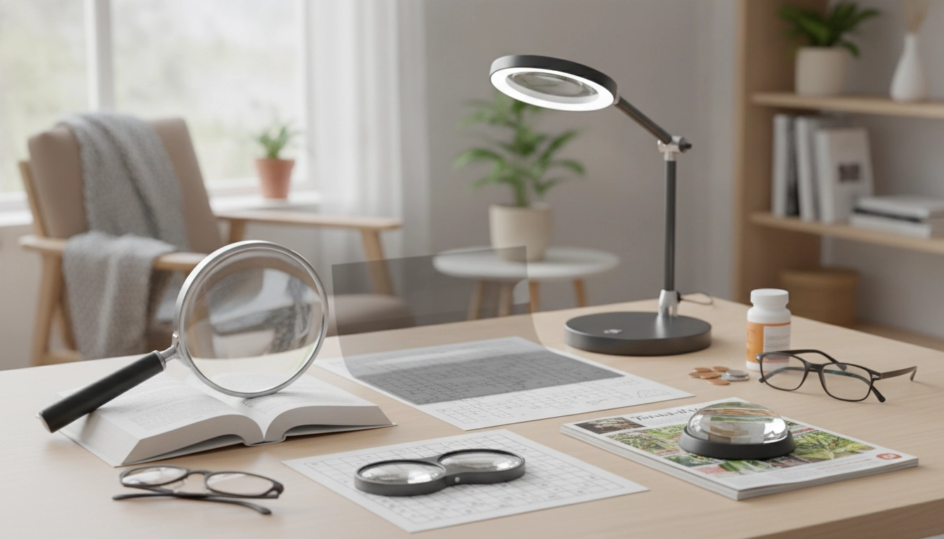 Une senior utilisant différents types de loupes de lecture pour seniors autonomie quotidienne dans un salon lumineux.