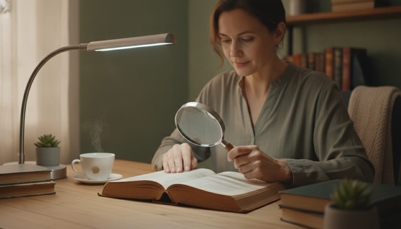 Une personne utilisant une loupe à main avec un éclairage adapté pour lire sans effort.