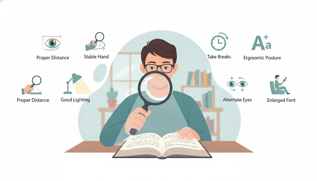 Une personne âgée apprenant comment utiliser une loupe à main pour malvoyant sans fatigue visuelle sur un livre